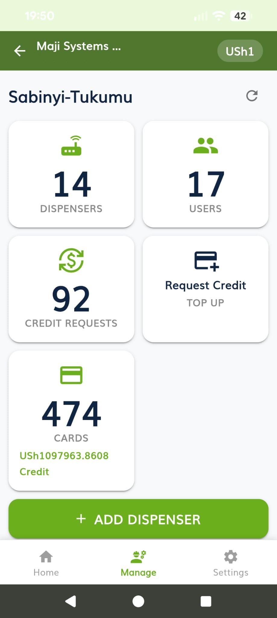 The management overview for the Sabinyi-Tukumu community, with tiles counting 14 dispensers, 17 users, 92 credit requests and 474 cards, and a button to add a dispenser