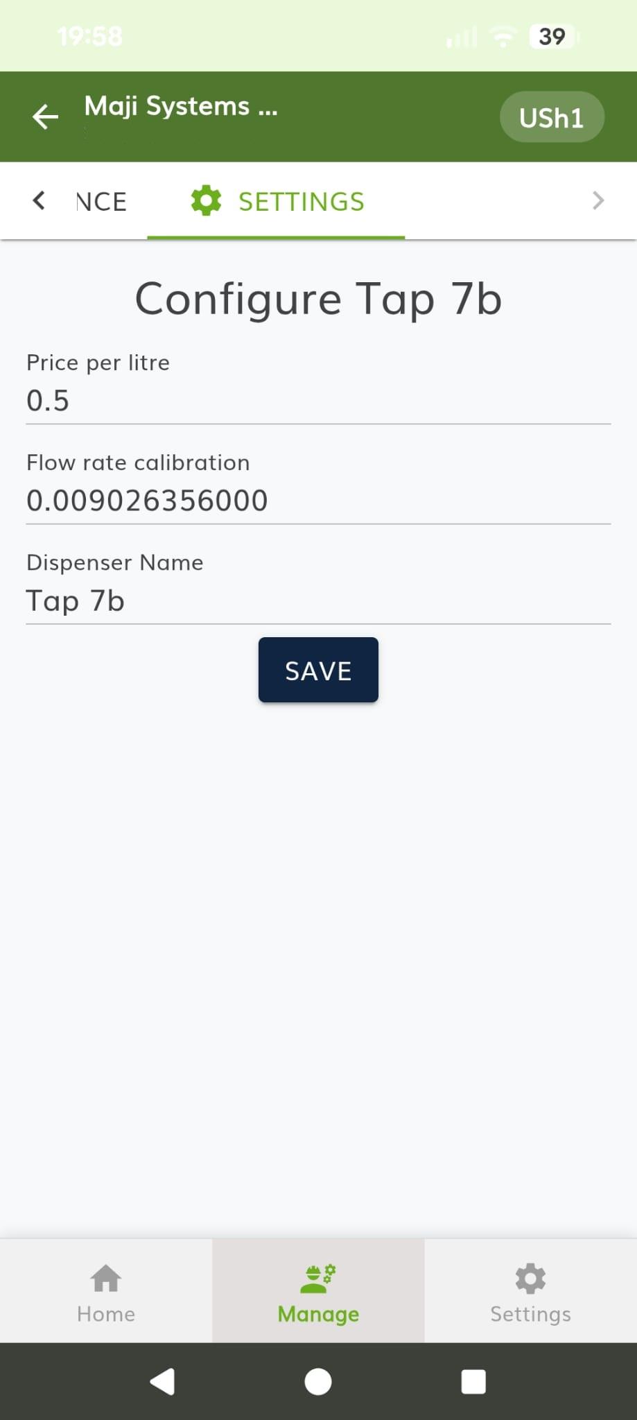 The dispenser settings screen for Tap 7b, with fields for price per litre, flow rate calibration and dispenser name above a save button