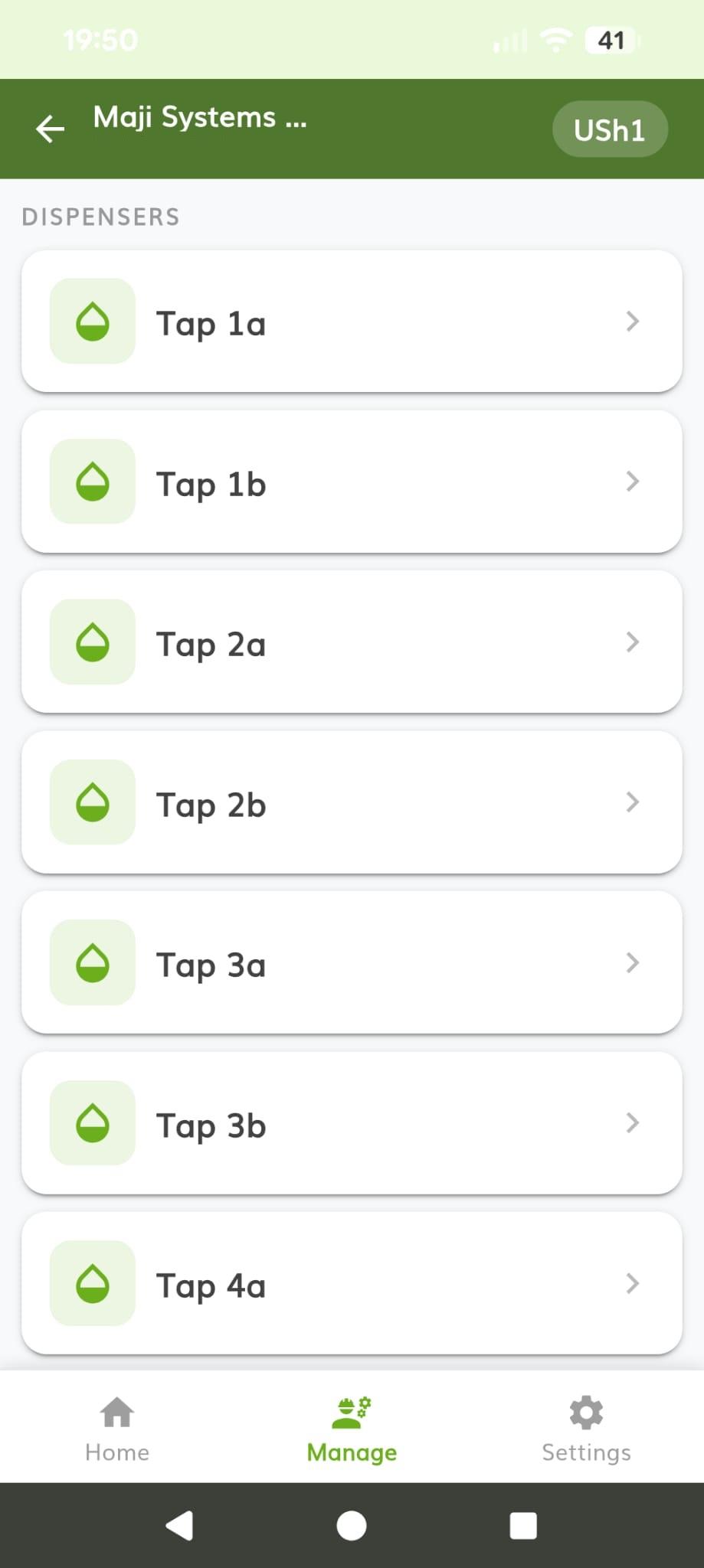 A list of the dispensers in a community, named Tap 1a through Tap 4a, each row opening that dispenser’s own screen