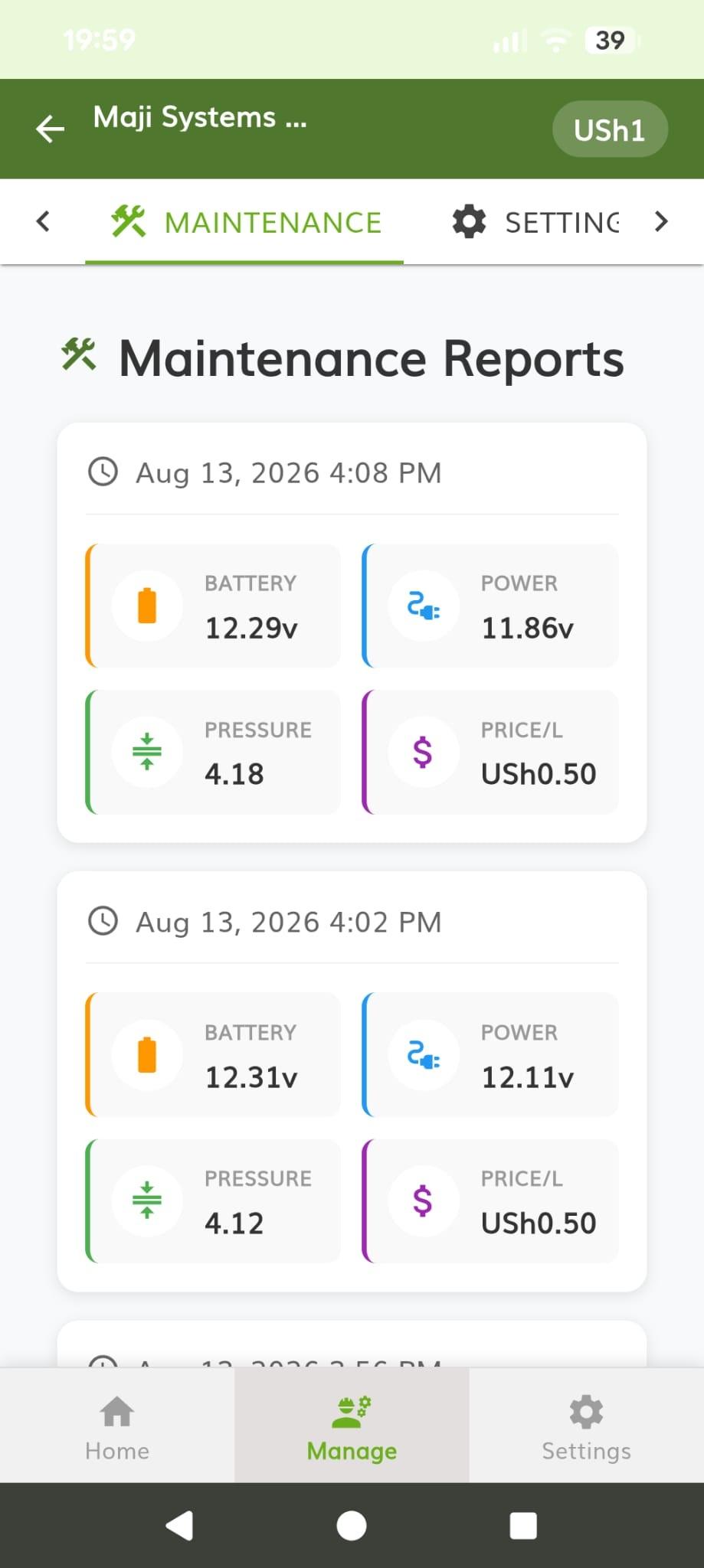 Maintenance reports for a dispenser, each timestamped card showing battery voltage, power voltage, mean pressure and price per litre