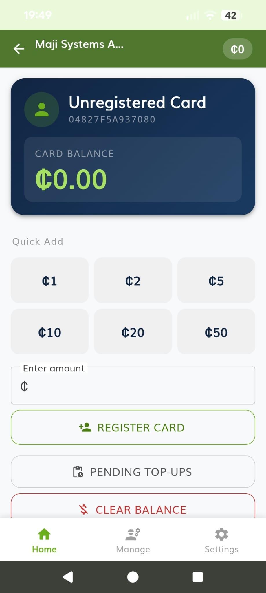 A WaterCard just read by the app, showing its card ID and a zero balance above quick-add buttons from ₵1 to ₵50, an amount field, and options to register the card or view pending top-ups