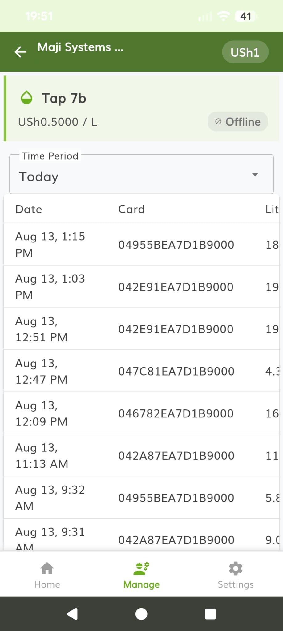 Today’s transactions for the dispenser Tap 7b, listing the time, card ID and litres drawn for each, with the tariff and an offline badge shown above