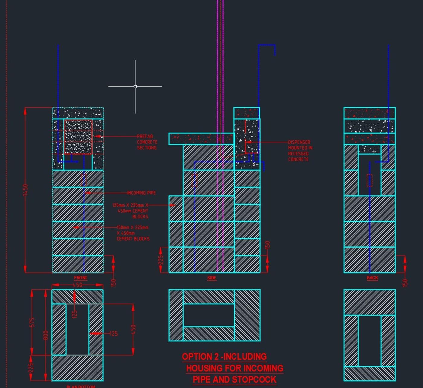 A dimensioned CAD drawing of the block-built dispenser housing, specifying cement block sizes and dispenser recess