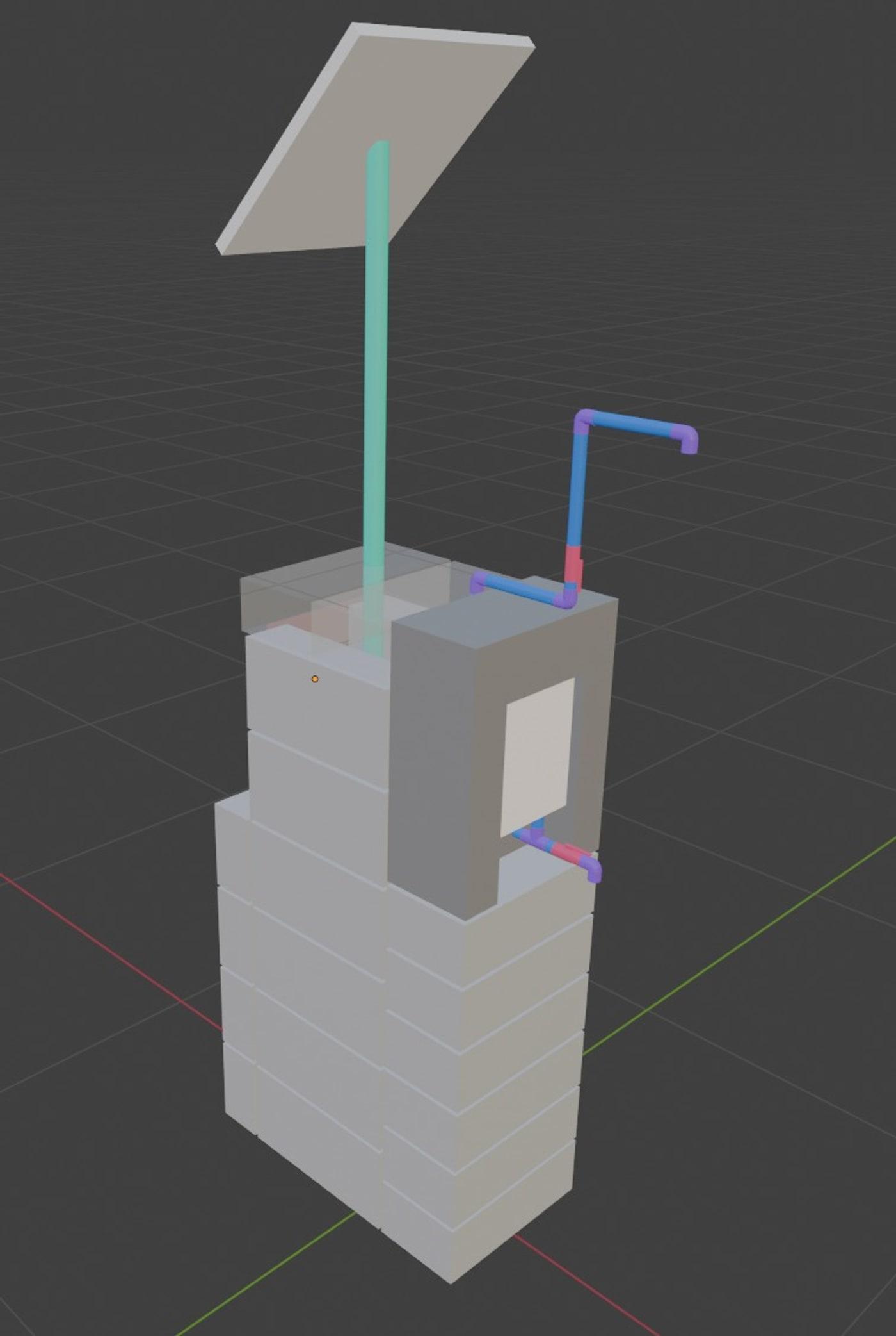 A 3D render of OM Water Systems' standardised block-built dispenser housing, showing the solar bracket and pipe routing