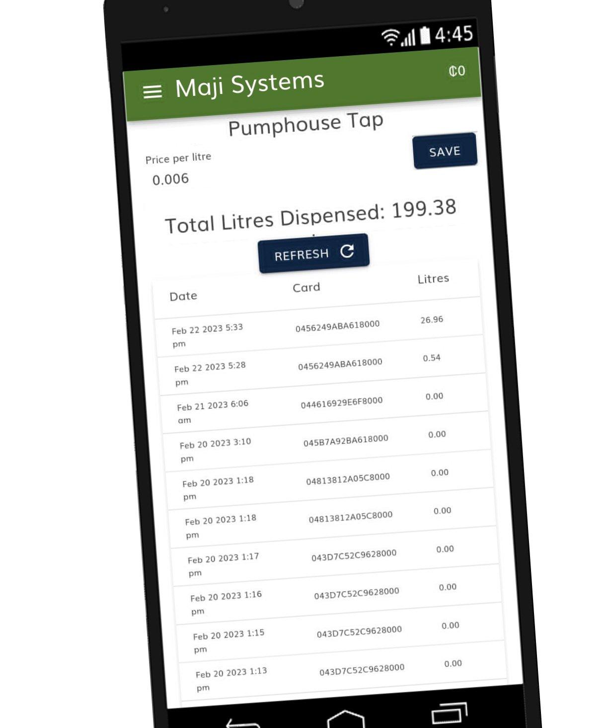 The free Maji WaterCard sales app running on an Android phone
